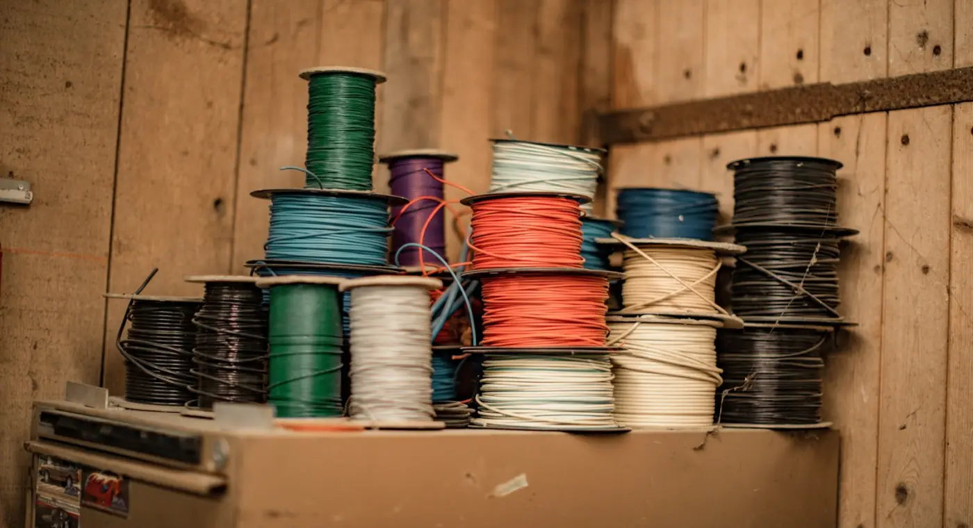 Bobinas de cabos coloridos numa oficina