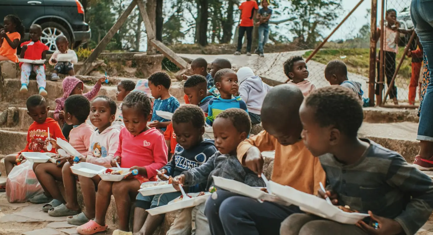 Crianças sentadas a comer uma refeição ao ar livre