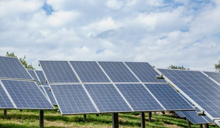 Painéis solares num campo sob céu nublado