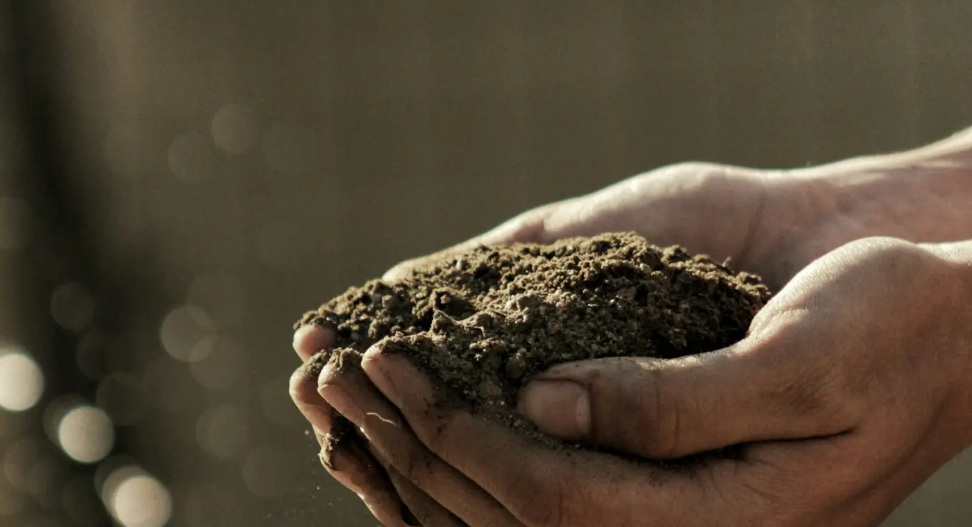 Solo fértil nas mãos de um agricultor